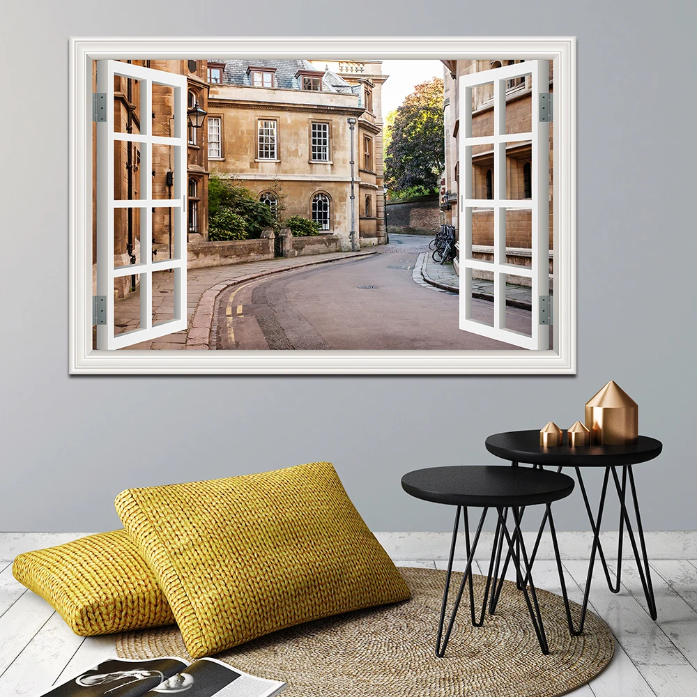 3D Window View Wall Sticker, European Town Street Picture Poster, Landscape Vinyl Decal, Wallpaper for Home Living Room Decor