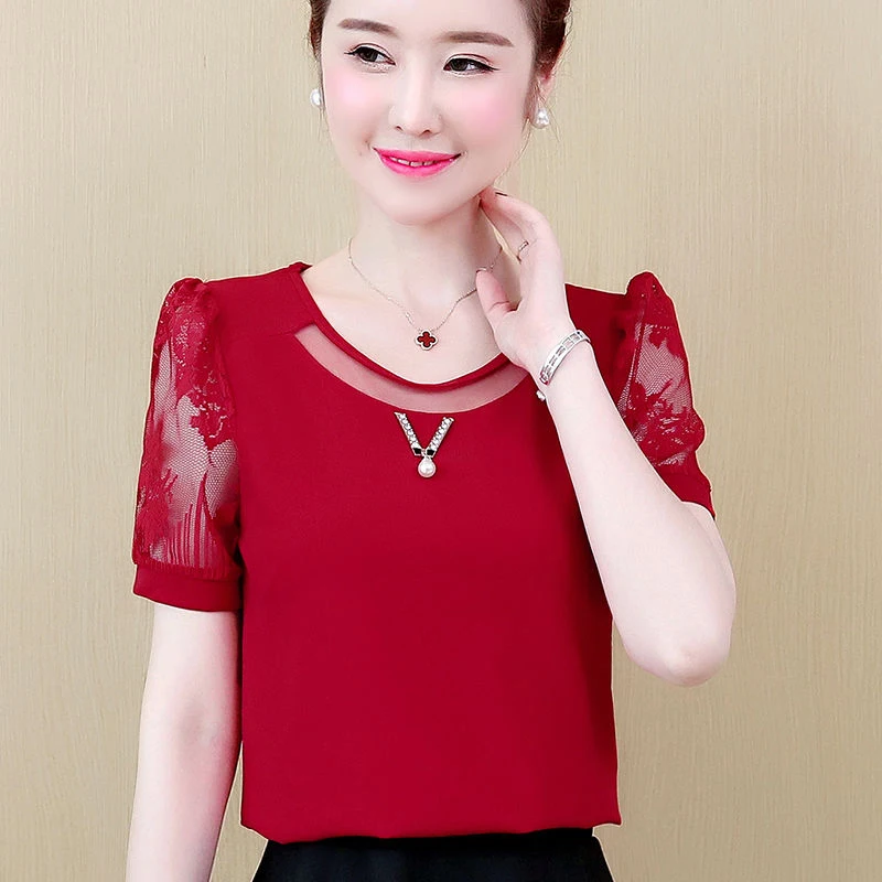 Women Spring Summer Style Chiffon Blouses Shirts Lady Casual Lace Short Sleeve O-Neck Blusas Tops DF2786