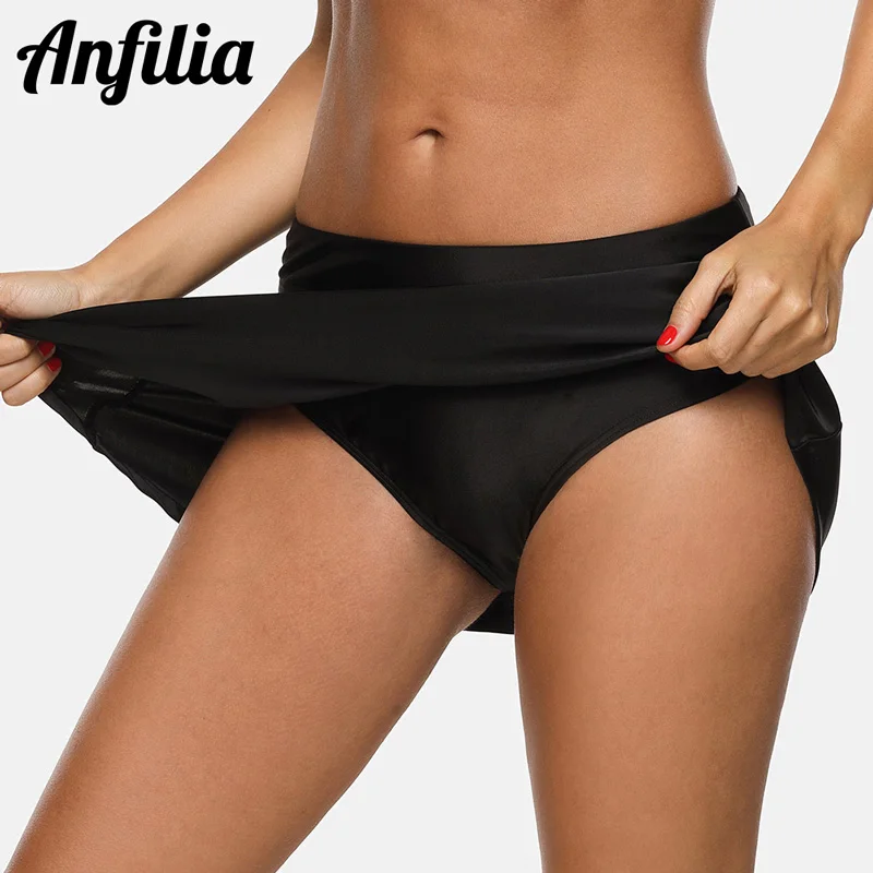 Anfilia Women Swimming Skirt Build-in Brief Swim Skorts Solid Swimming Bottom Tankini Bikini Bottoms