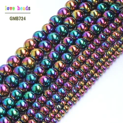 2/3/4/6/8/10mm Natural Stone Rainbow Plated Hematite Round Loose Spacer Beads For Jewelry Making DIY Bracelets Necklace 15''
