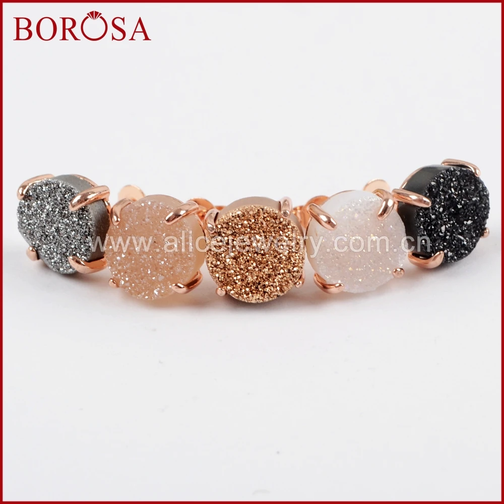 

BOROSA Mix Colors 10mm Round Rose Gold Claw Titanium Multi-color Drusy Stone Geode Natural Druzy Stud Earrings for Women ZG0132