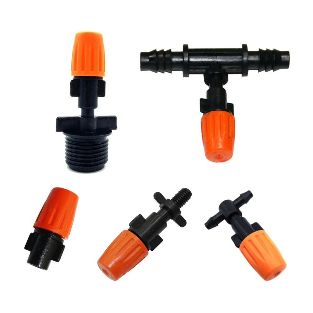 

100Pcs Orange Adjustable Garden Drip Irrigation Misting Nozzles Micro Flow Head Drippers With Barbed Tee Threaded Connector