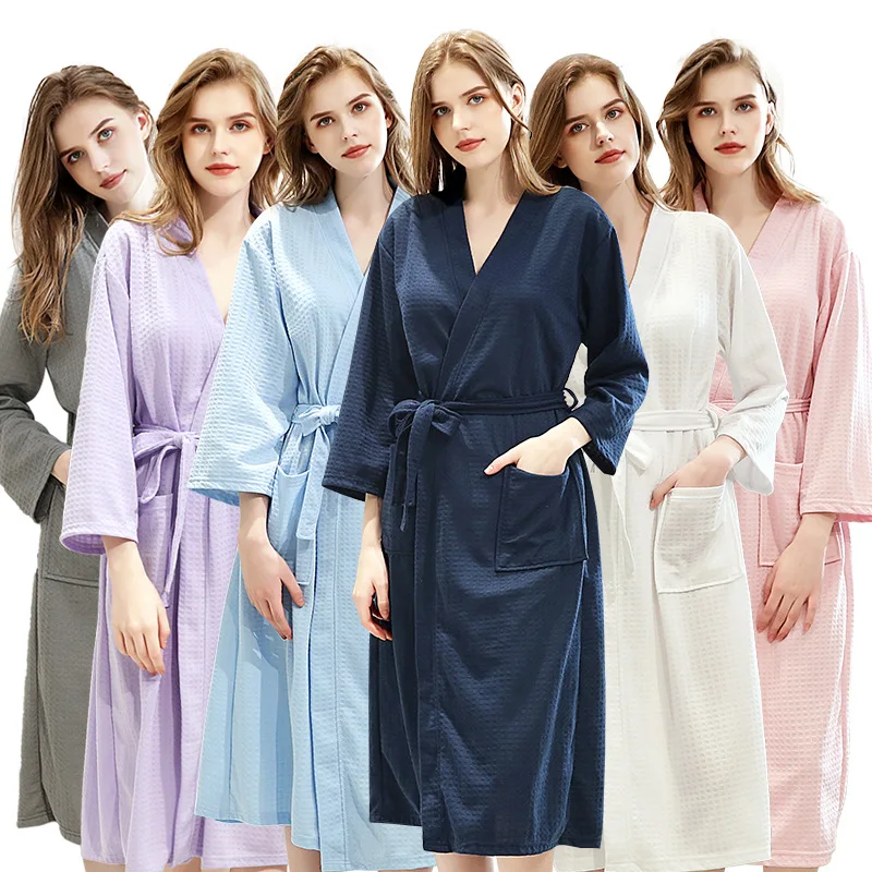 

Women's Waffle Bathrobes Nightgown Spa Robe Dressing Gown in Kimono collar