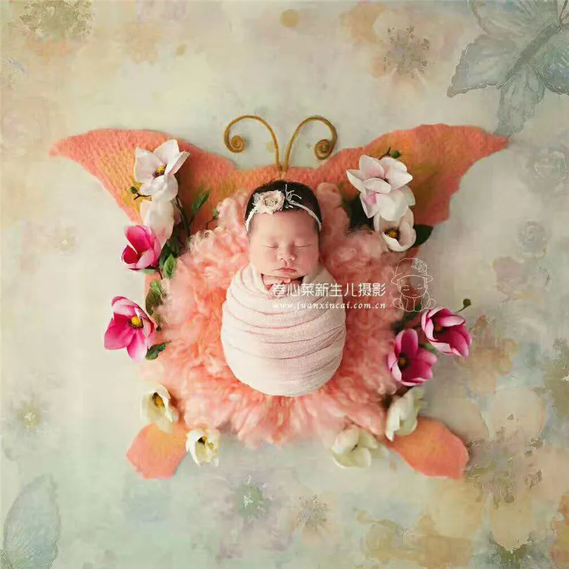 Butterfly Pattern backgroun Newborn Wool felted blanket Baby Photography Fluffy layer props Newborn soft Merion blanket backdrop