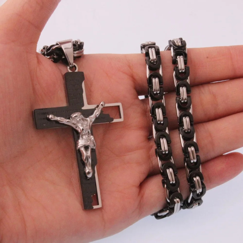 New Arrival Jesus Cross Crystal Pendant Necklace Link Byzantine Silver Black Color Stainless Steel Men Jewelry Collier 18-30\