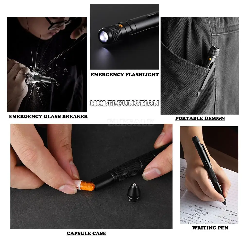 Multi-Function Self Defense Tactical Pen Emergency Flashlight Strobe Bottle Opener Glass Breaker Waterproof Storage Case