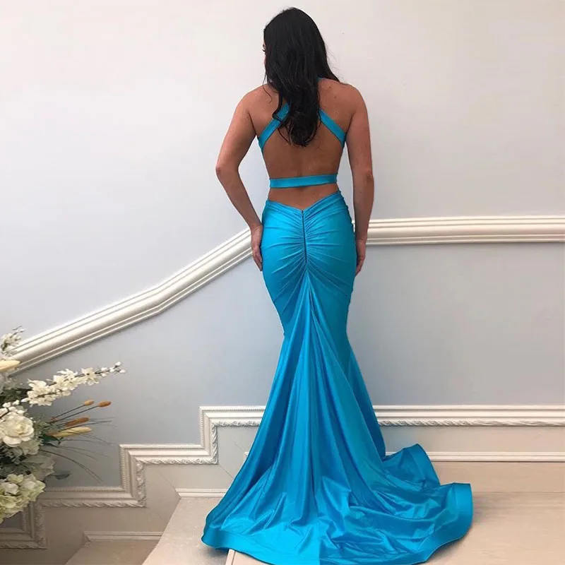 Robe De soirée De forme sirène, Sexy, col en v, bleue, sans manches, pleine longueur, dos nu, pour occasions spéciales, 2019