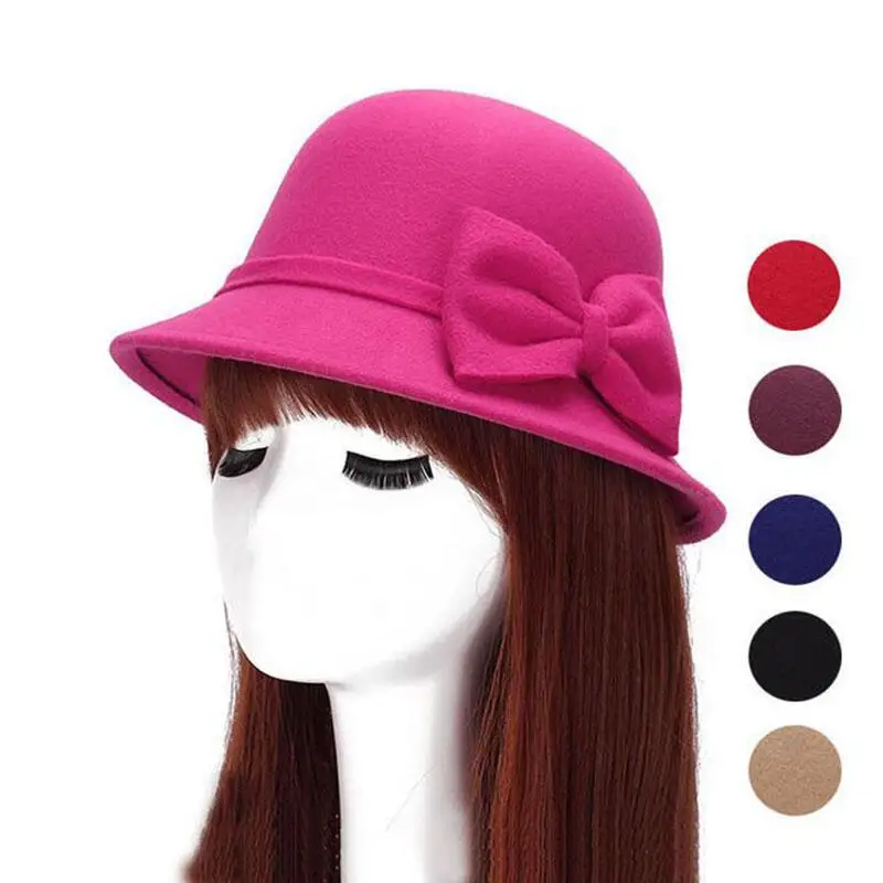 2017 Spring Fashion Vintage Women Ladies Wool Fedora Hat Bucket Dome Bell Bow Felt Hats Women Cap Hats Hat 6 color