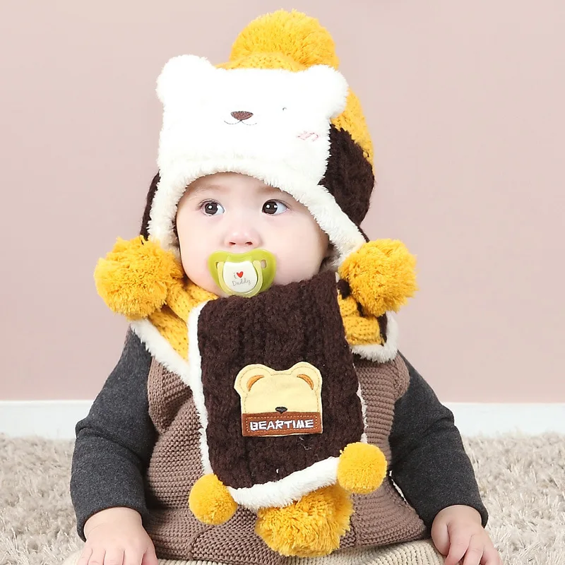 2pcs Winter Warm Baby Hat Scarf Set Fashion Kids Lamb Bear Ball Hat with Scarf Toddler Kids Thick Christmas Skullies Beanies Cap