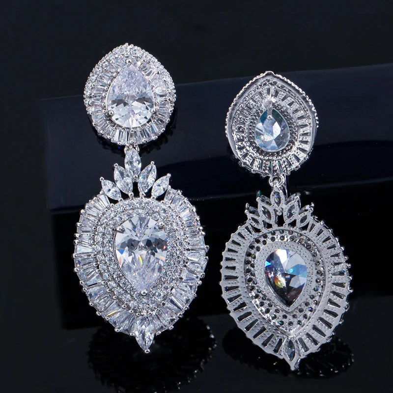 BeaQueen Gorgeous Big Water Drop Cubic Zircon Micro Pave Baguette Crystal Long Dangle Earrings Bridal Wedding Party Jewelry E281 image 6
