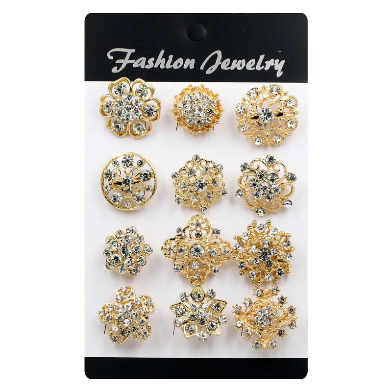 Set of 12 PCS Crystal Rhinestones Small Bejeweled Flower Alloy Pins DIY Wedding Bouquets Brooches