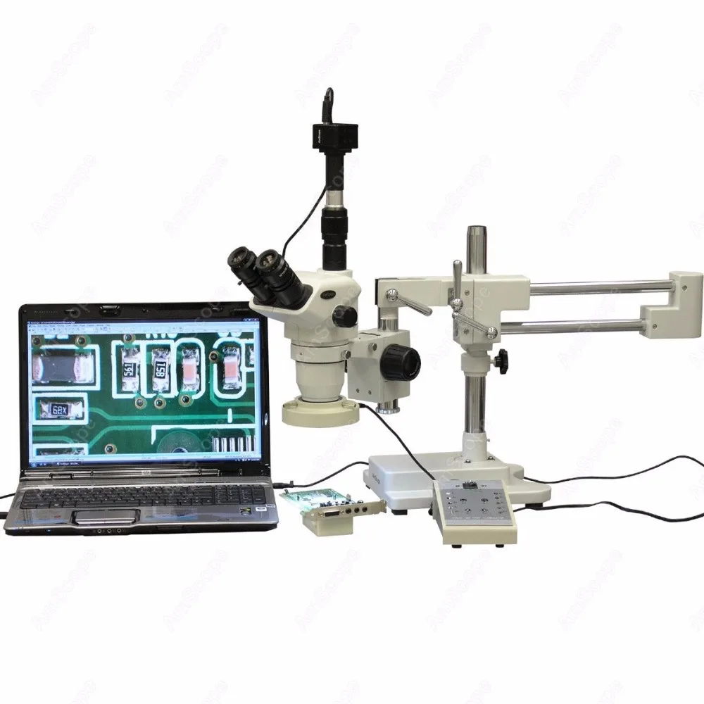 Boom Stereo Microscope--AmScope Supplies 2X-45X Boom Stereo Microscope with 80-LED Ring Light + 1.3MP Camera