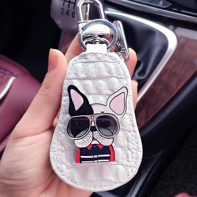 Chaveiro bonito dos cães chaveiro poodle bulldog bolsa encantos pacote chave do carro chaveiro de couro das mulheres capas de chaveiro com zíper