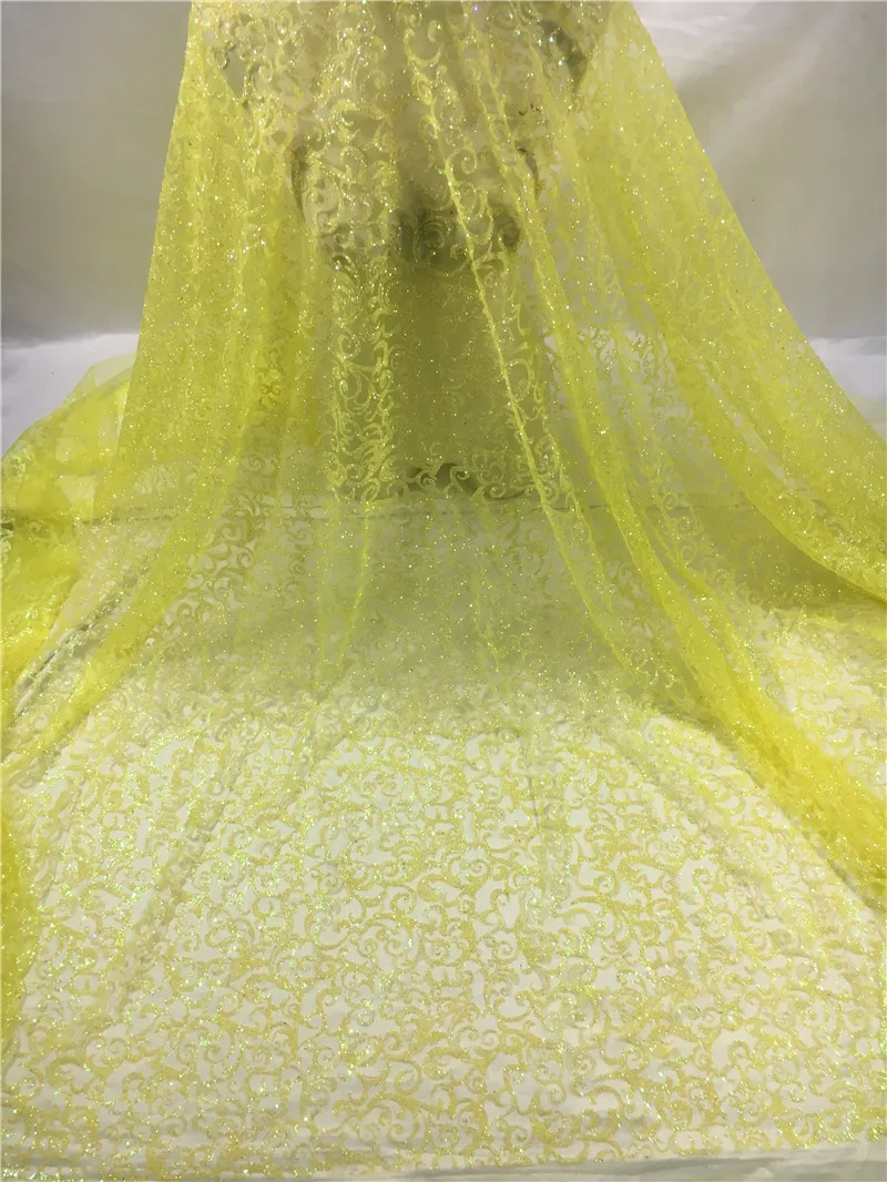 Bright yellow color shining glued glitter sequins lace fabric african tulle mesh fabric for wedding dress/evening dress  H-48