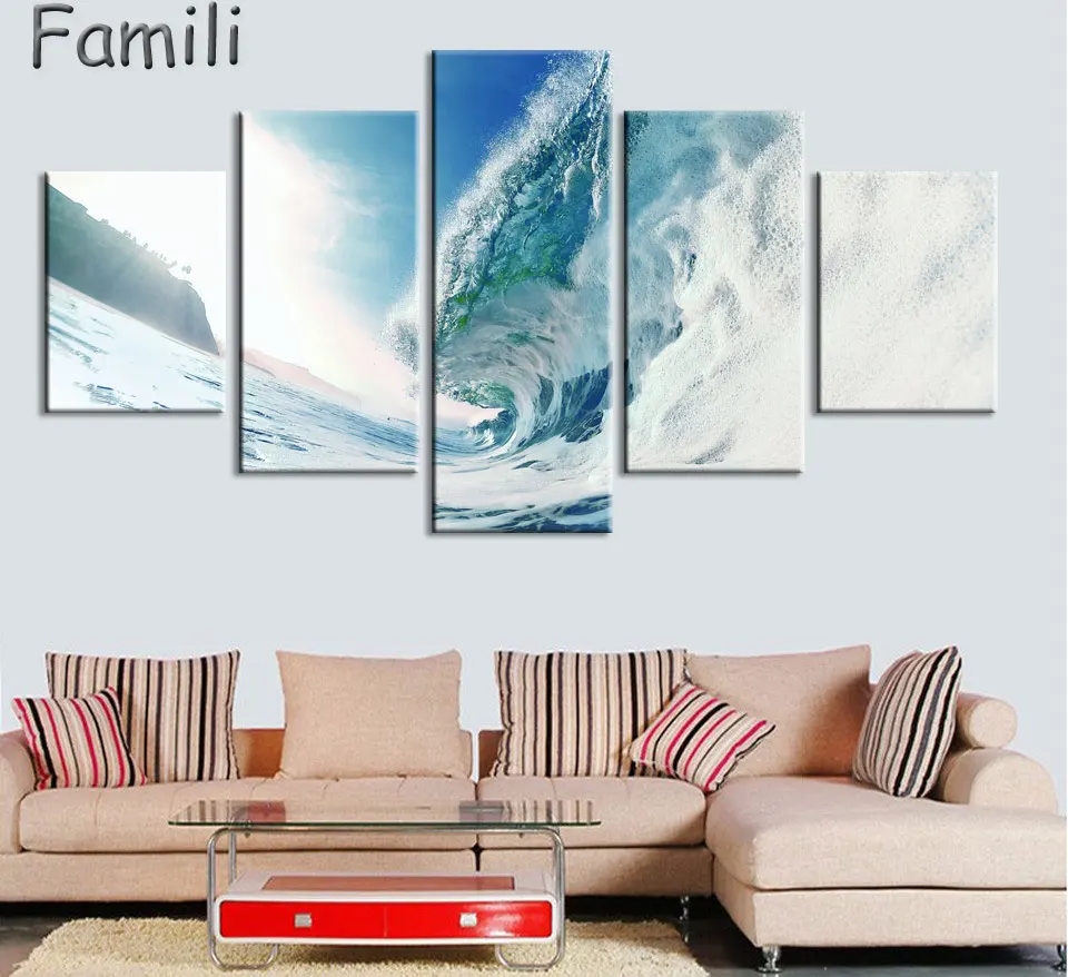 

Good Quality Modular Picture 5Pcs Waves Blue Sea Shark Modern Cuadros Decor Canvas Painting On The Wall Pictures For Living Room