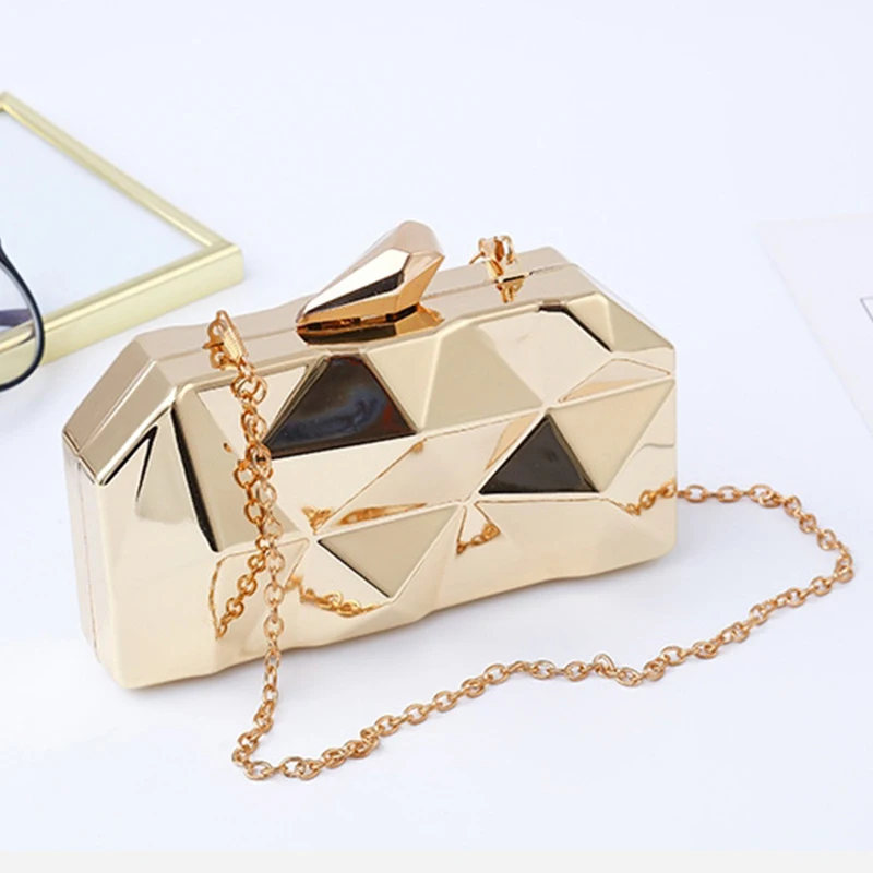 Metal Alloy Box Evening Clutch Bag Geometry Shape Elegent Women Handbag For Party Wedding Shoulder Bag Gold Sliver Black ZD1268