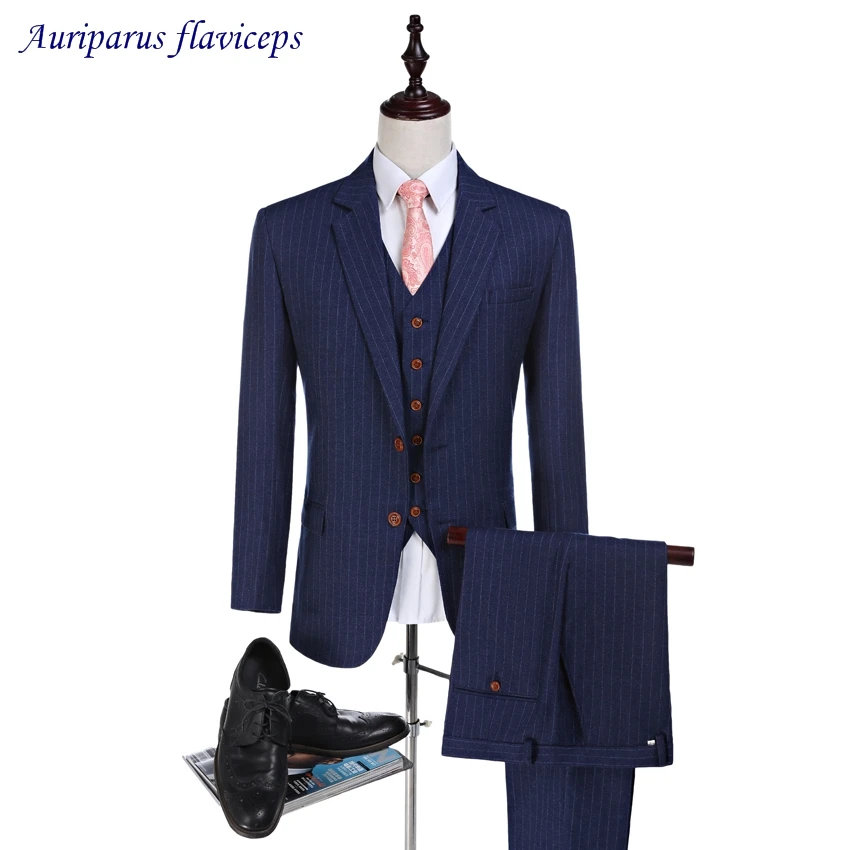 

Pinstripe Groom Tuxedos Notched Lapel Groomsman Suit Wedding suit 2 Buttons Worsted Wool Suits 2023 Man Suit(Jacket+pants+vest)