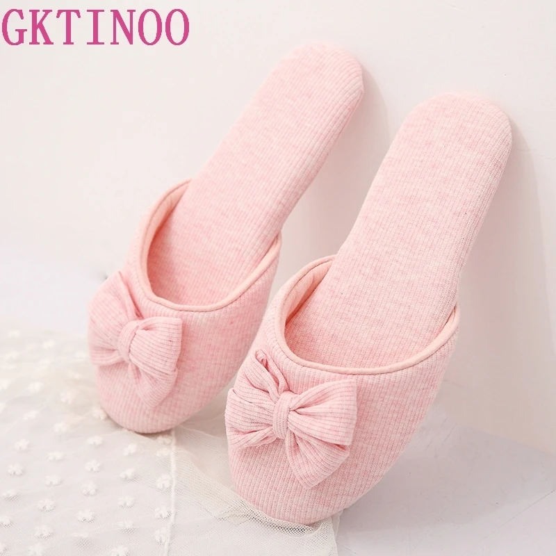 

GKTINOO Lovely Bowtie Winter Women Home Slippers For Indoor Bedroom House Soft Bottom Cotton Warm Shoes Adult Guests Flats