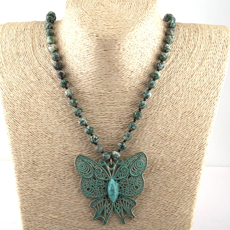 Fashion Bohemian Jewelry Amazonite Stone Beads  Long Knotted Butterfly Pendant Necklace For Women Ethnic Necklace