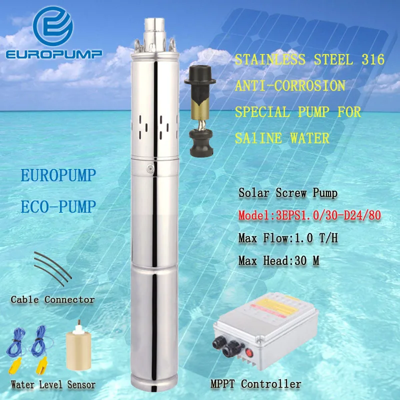 

EUROPUMP Solar Pump Max Lift 30M Stainless Steel 316 Anti-corrosion Pumping Saline Water 1000LPH MODEL(3EPS1.0/30-D24/80)