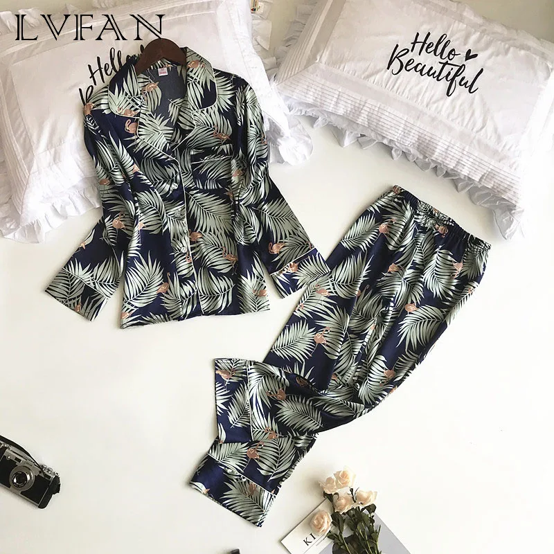 Ladies Long-sleeved Elegant High-end Ice Silk Loose Two-piece Suit Women's Pajamas and Sleepwear Lingerie  L013