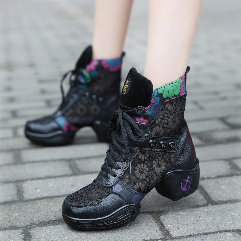 Dancing Shoes Woman Square Sports Boots Women Dance Shoes Leather Lace Cloth Shoes Breathable Modern Dance Shoes Net Boot