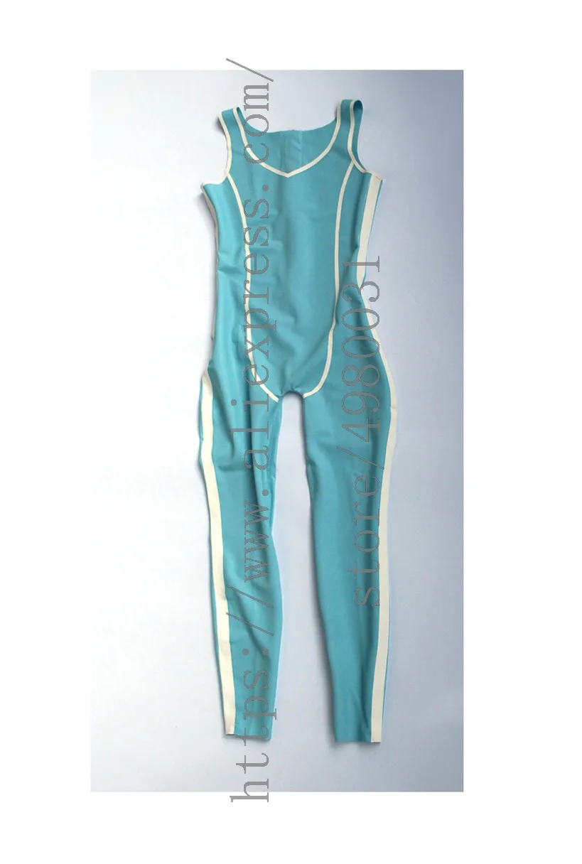 Candy sky blue latex bondage suit with back zipper to waist with white trims decorations