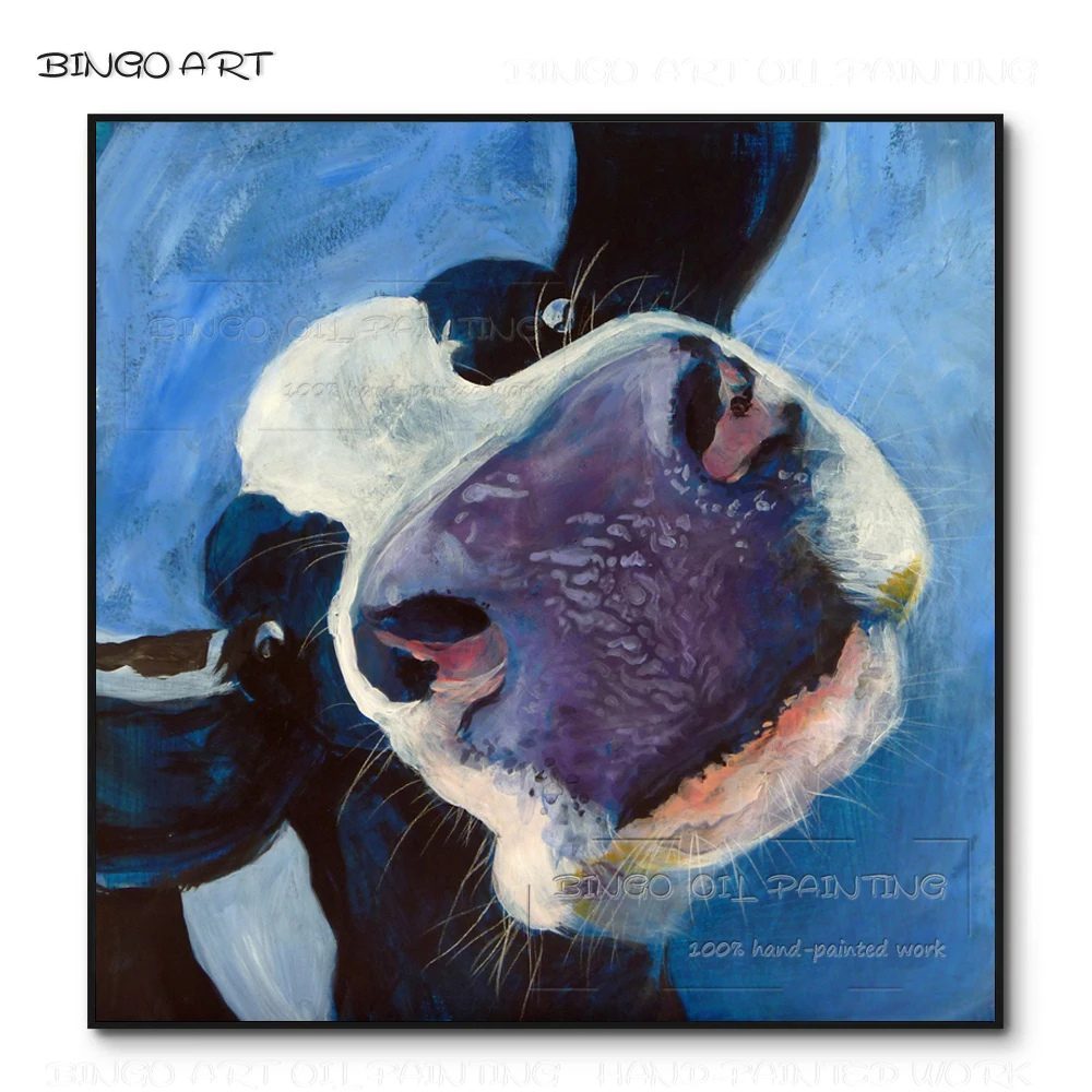 Hand-painted High Quality Funny Animal Smile Cow Oil Painting on Canvas Lovely Animal Cow Smiling Oil Painting for Wall Decor