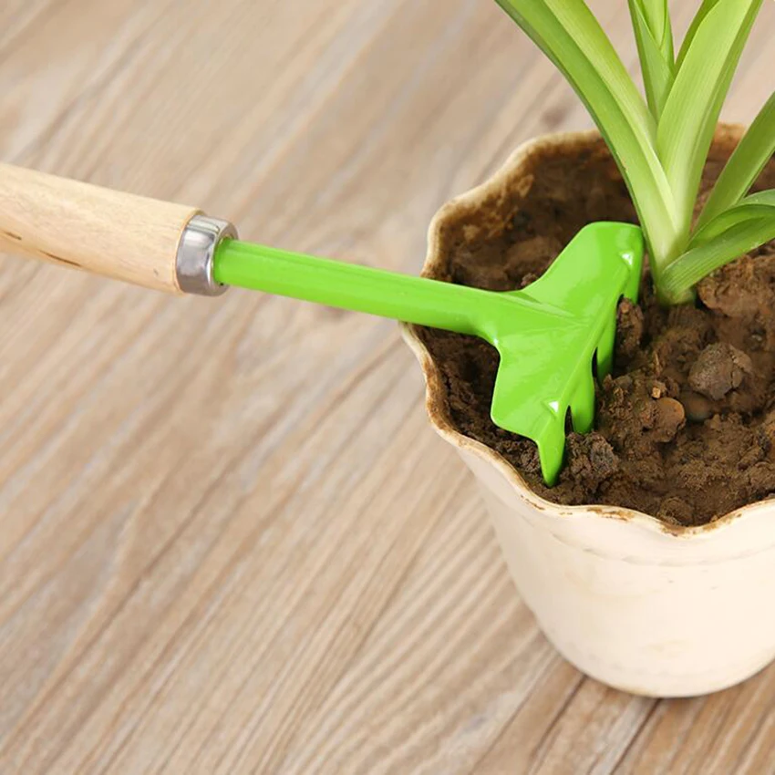 Minijuego de herramientas de mano para jardín, pala de jardinería, rastrillo con mango de madera, cabeza de Metal, 3 uds.