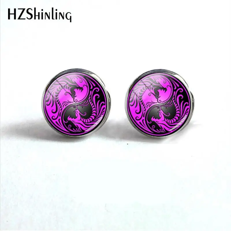 Pendientes con diseño de Yin Yang y dragón para mujer, aretes pequeños, joyería redonda, cabujones de cristal, color negro, Magenta, animales, HZ4, 2018