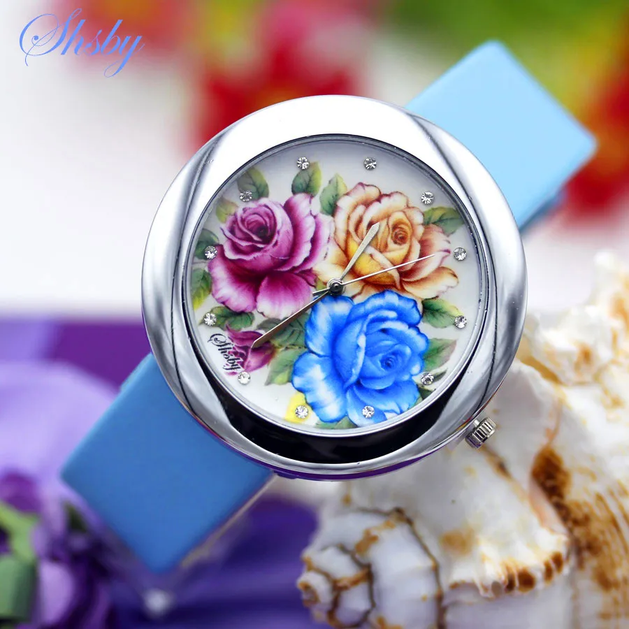 Shsby Brand flowers Leather Strap Watches Women Dress Watch girl Casual Quartz wristwatch Lady Rhinestone Quartz bracelet Watch