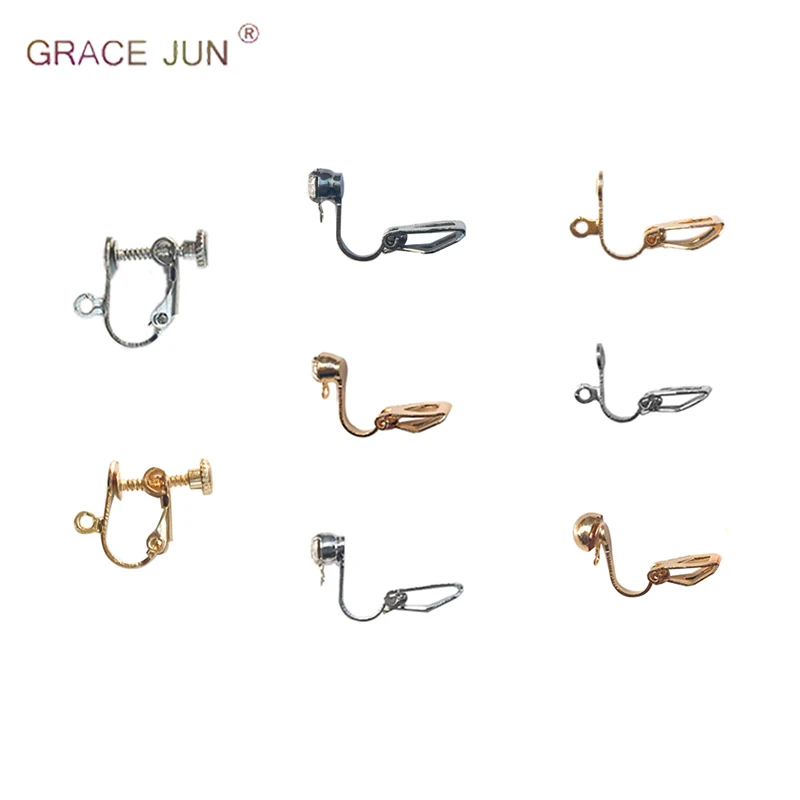 GRACE JUN 10pcs/lots Metal Brass Copper Clip Earrings No Pierced Diy Earring Jewelry Finding Ear Clip Accessories 8 Colors