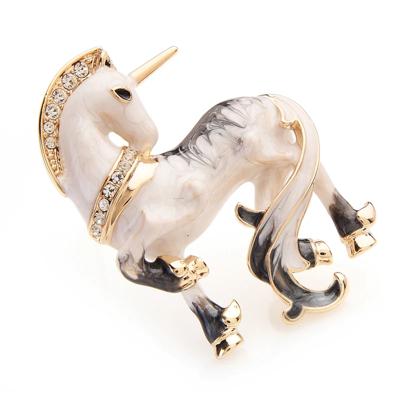 Wuli&baby White Miracle Lucky Horse Enamel Brooches For Women And Men Alloy Animal Rhinestone Banquet Party Brooch Gifts