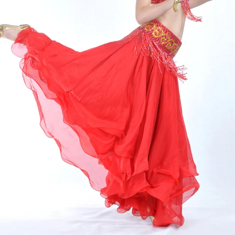 Belly Dance 12เมตรขนาดใหญ่กระโปรงสามชั้นสามชั้นชีฟองCurling Belly Dance High-Endกระโปรงไม่มีเข็มขัดเอว