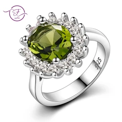 Shining Flower Silver Ring with Natural Peridot Stones Cubic Zircon Rings for Women Retro Luxury Wedding Engagement Jewelry Gift
