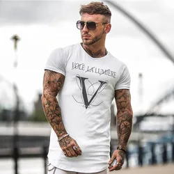 New Men Casual Fashion Printed Gyms T-shirt Fitness Bodybuilding Short sleeve Cotton T shirts Slim Tee Top Male Workout Clothing