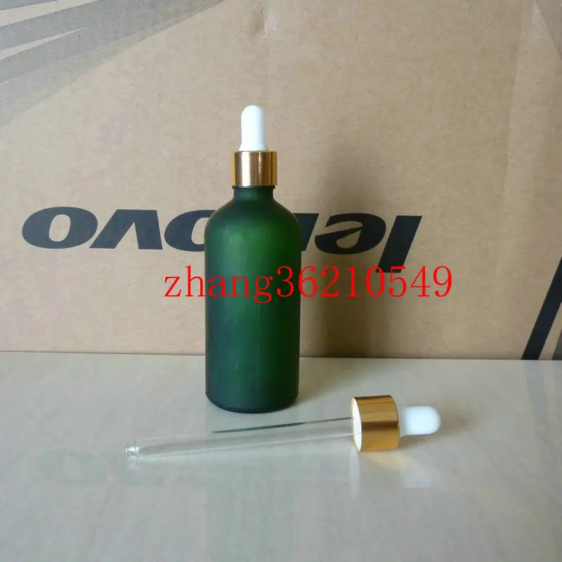 

100ml green frosted Glass Essential Oil Bottle With aluminum shiny gold dropper cap.Essential Oil Container