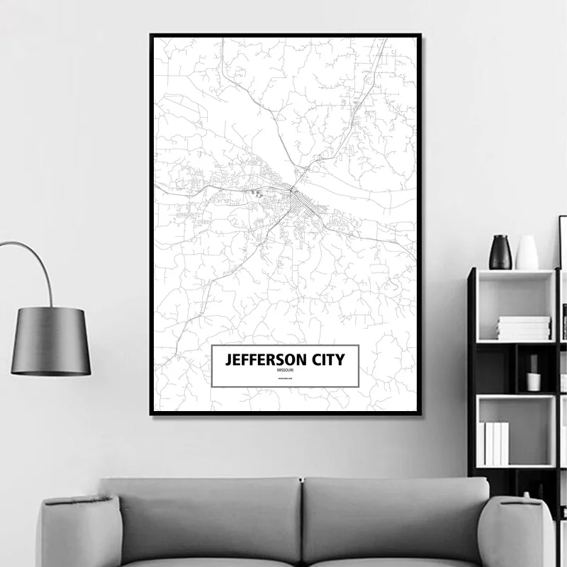 JEFFERSON CITY, MISSOURI, UNITED STATES Black White Custom World City Map Poster Canvas Print Nordic Style Wall Art Home Decor