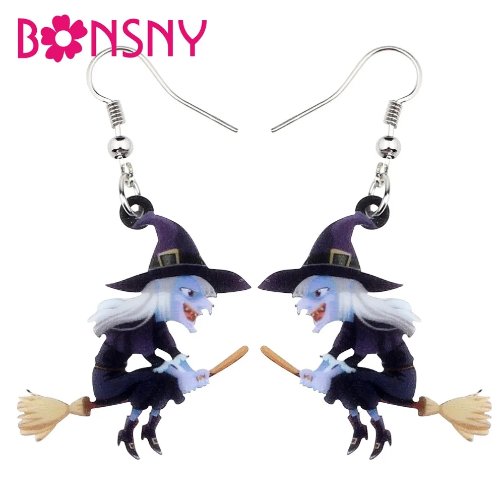 Bonsny Acrylic Animal Halloween Broomstick Witch Earrings Drop Dangle Fashion Cartoon Jewelry For Women Girls Teens Gift Charms