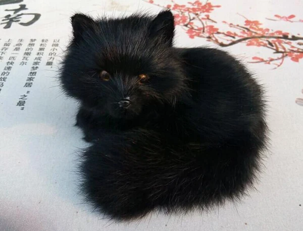 about 13x12cm plastic&fur Curled-up fox hard model black fox craft home decoration toy gift w0113