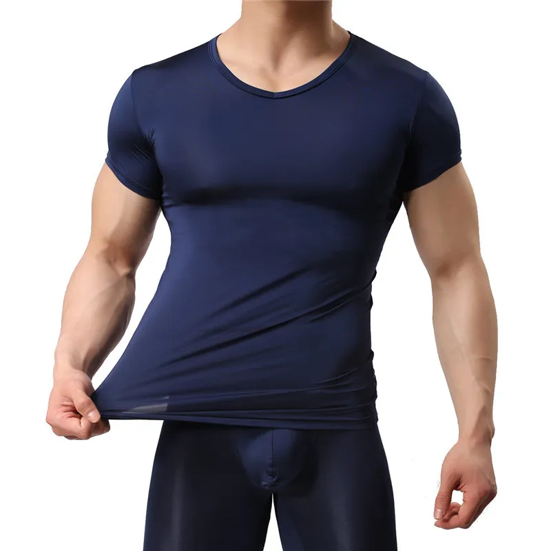 Man Undershirt Ice Silk Spandex Sheer T Shirts Male Nylon V-neck Short Sleeves Tops Ultra-thin Cool Thermal Sleepwear Undershirt