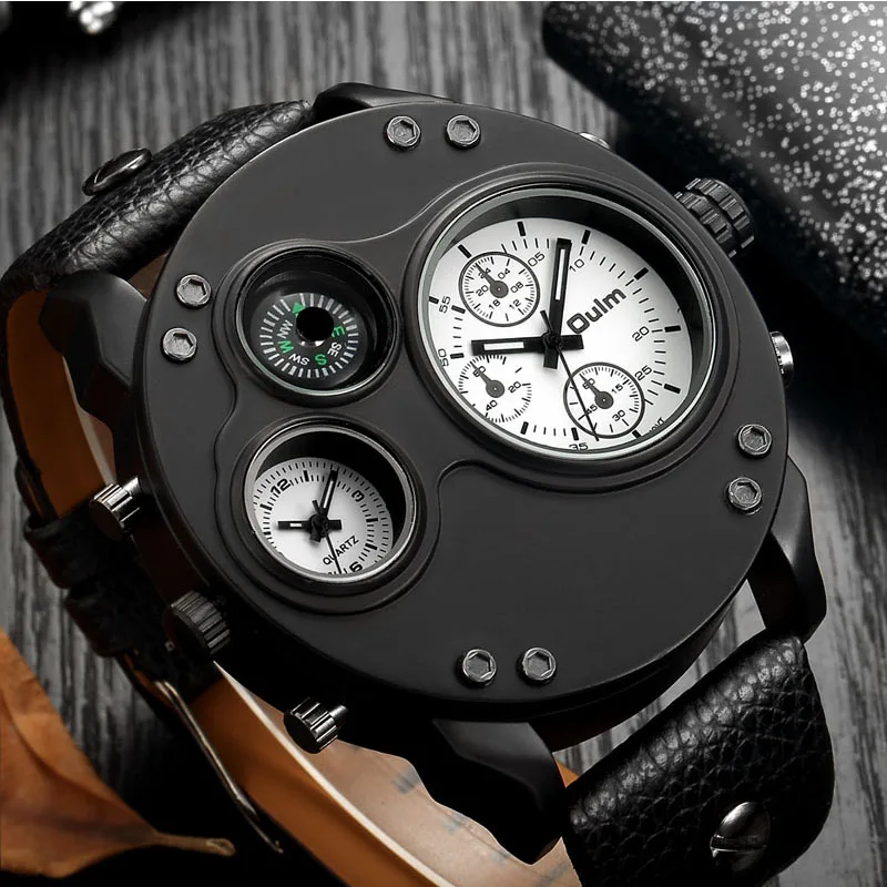 Oulm HP3741 New Sport Quartz Watches Men Super Big Large Dial Male Clock Decorative Thermometer Compass Luxury Men's Wrist Watch