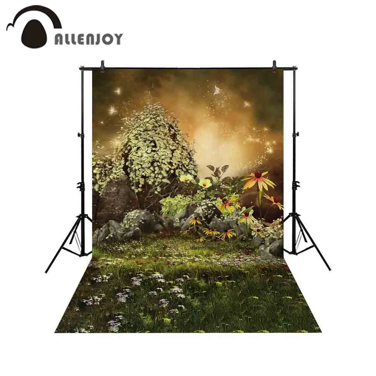 Allenjoy backdrop for photographic studio fantasy meadow colorful rocks flowers magical flying butterflies background photocall