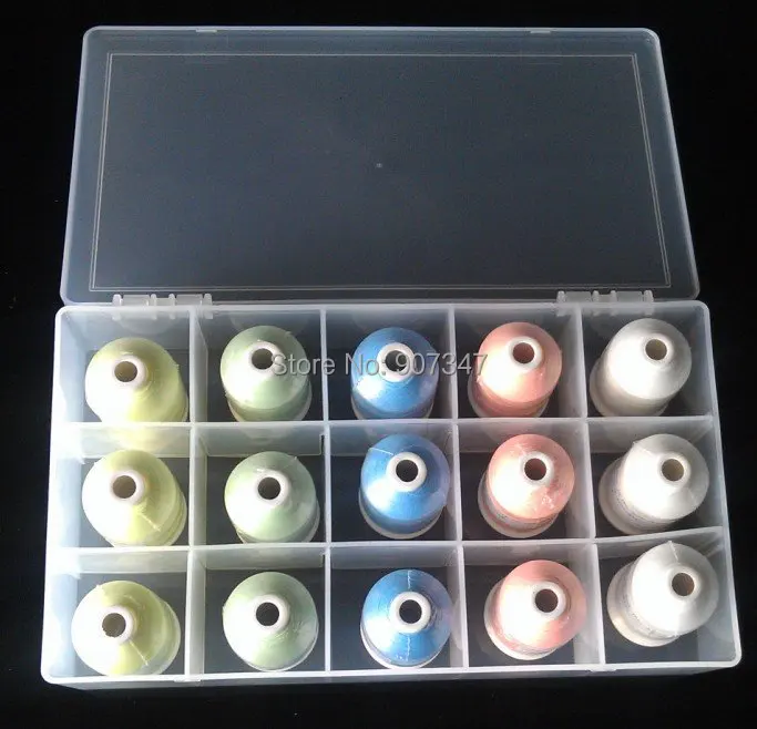 15 spools 1000m glow in the dark thread+clear plastic box. 3 spools 5 colors