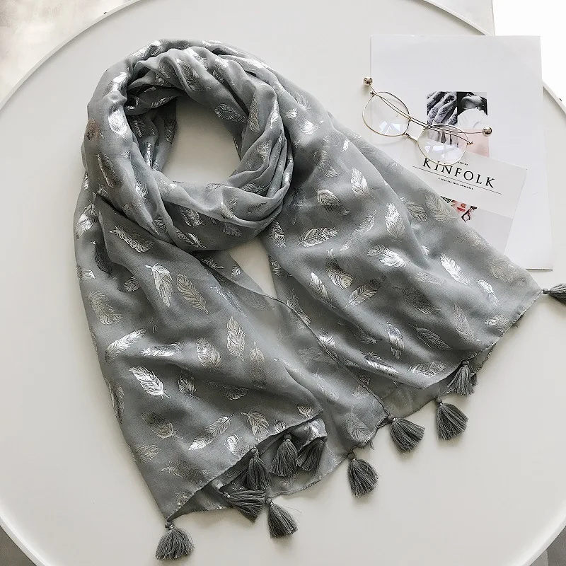 

2018 New Fashion Silver Feather Foil Tassel Scarves Shawls Women Feather Print Tassel Wrap Muffler Hijab Wholesale 10pcs/lot