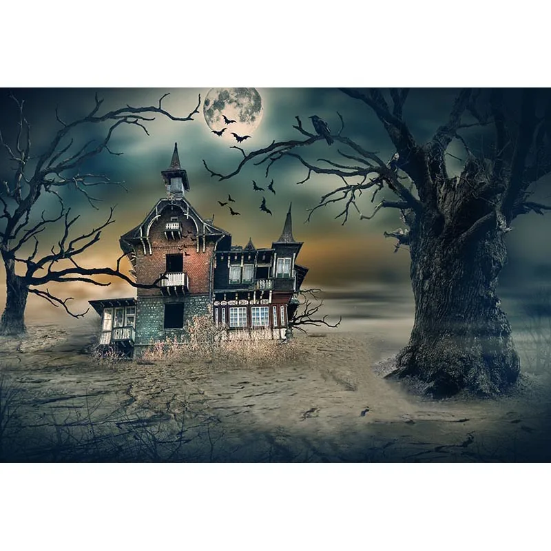 

Full Moon Night Halloween Party Photo Booth Backdrop Printed Tilted House Old Dead Trees Crow Kids Children Stage Background