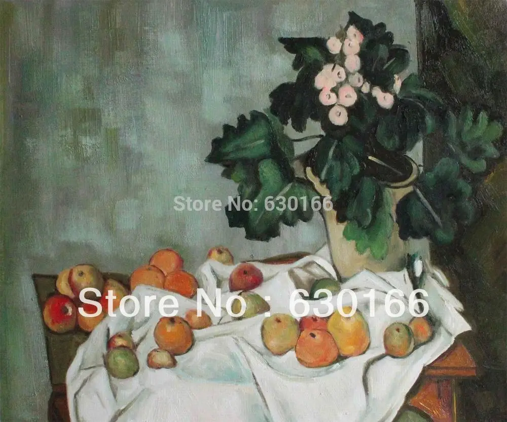 

Handpainted Flower Painting - Still Life with Apples and a Pot of Primroses by Paul Cezanne Fruit Oil Painting Modern Canvas Art