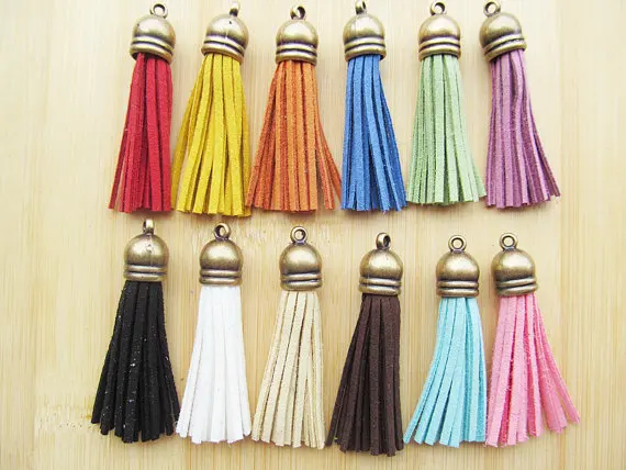 Free Shipping  50Pcs 59mm Mixed Suede Leather Jewelry Tassel For Key Chains/ Cellphone Charms Top Plated End Caps Cord Tip