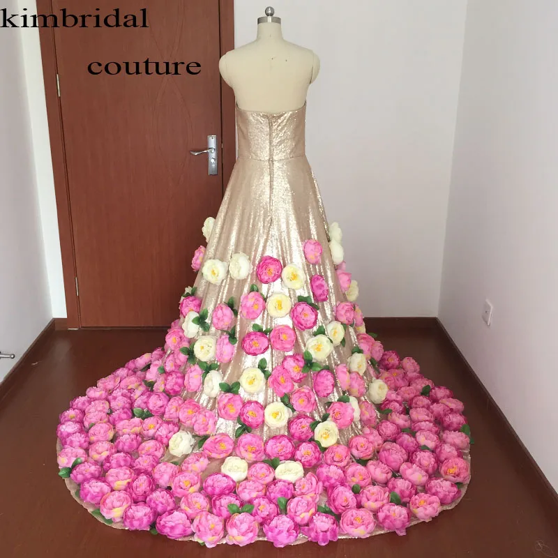 Saudi-arabien Abendkleider Kleider Bodenlangen Liebsten Ausschnitt Pailletten Hand Made Blumen 3D EINE Linie Gold Prom Kleider Arabisch