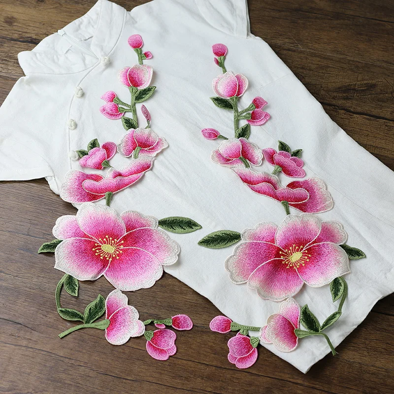 High quality large pink flower patch embroidery cloth sticker applique DIY  no glue hand-sewn type applique for dress